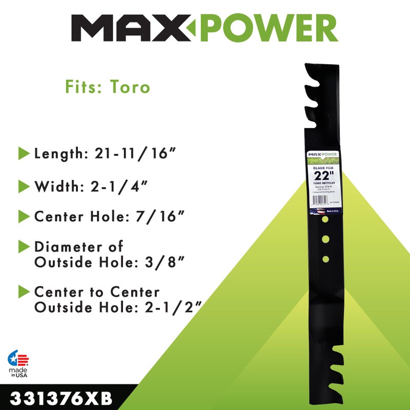MaxPower 331376XB Commercial Mulching Mower Blade for 22" Toro Recyclers, Replaces OEM no. 108-9764-03, 131-4547-03, Black - Image 2